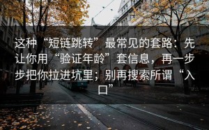 这种“短链跳转”最常见的套路：先让你用“验证年龄”套信息，再一步步把你拉进坑里；别再搜索所谓“入口”