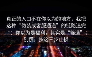 真正的入口不在你以为的地方，我把这种“伪装成客服通道”的链路追完了：你以为是福利，其实是“筛选”；别慌，按这三步止损