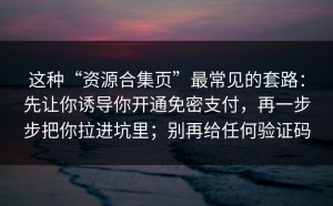 这种“资源合集页”最常见的套路：先让你诱导你开通免密支付，再一步步把你拉进坑里；别再给任何验证码