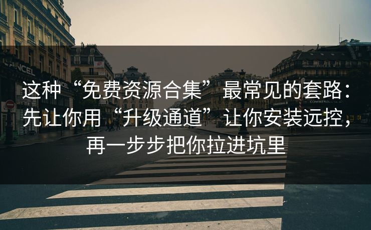 这种“免费资源合集”最常见的套路：先让你用“升级通道”让你安装远控，再一步步把你拉进坑里
